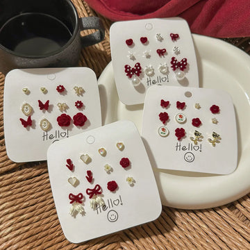 DAIIIBABYYY  -  Autumn Winter Wine Red Bow Flocked Fleece Stud Earrings Set Women Korean Fashion Heart Bow Floral Pearl Earring Jewelry